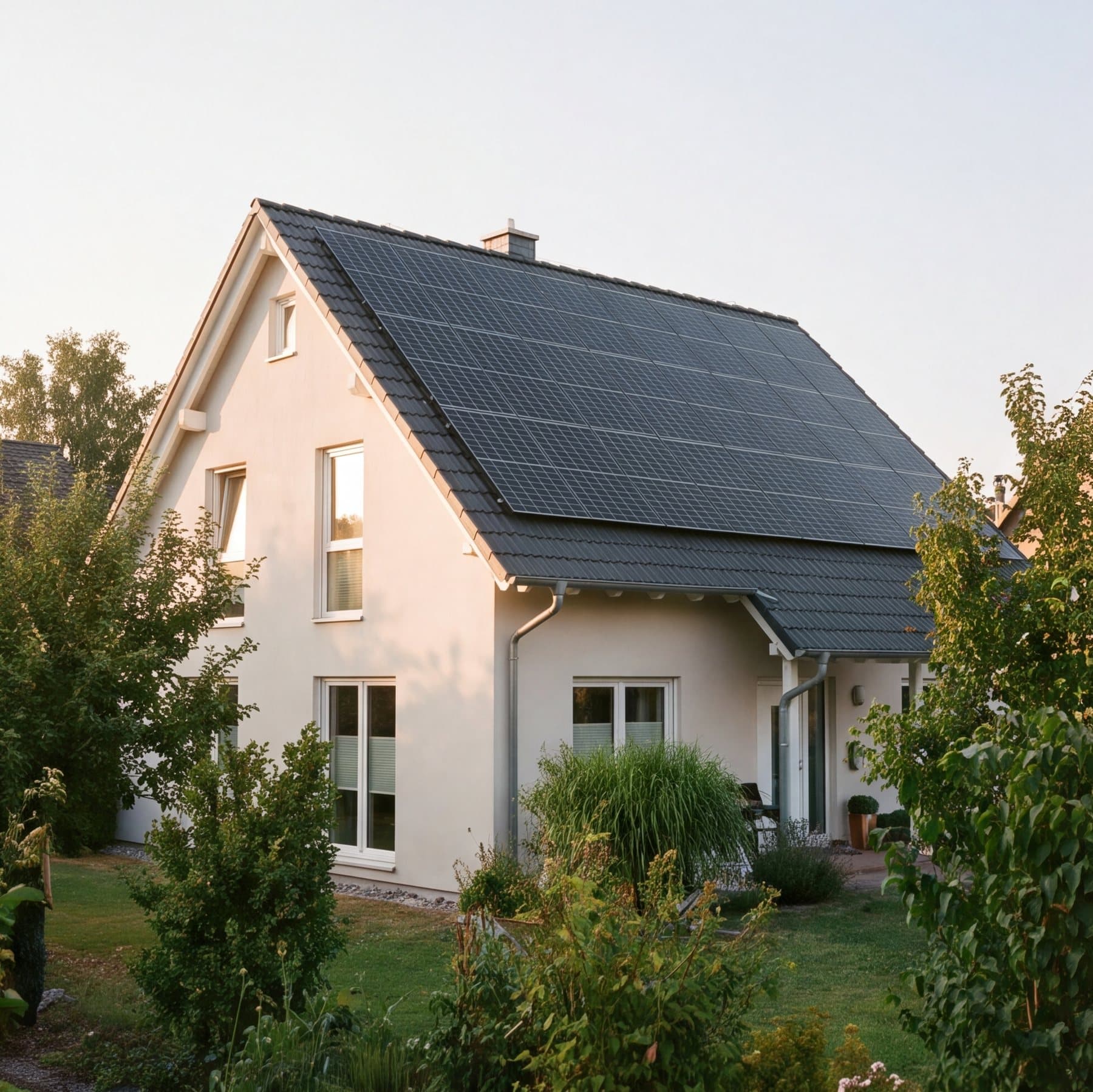 Einfamilienhaus mit Solaranlage auf dem Satteldach im Abendlicht