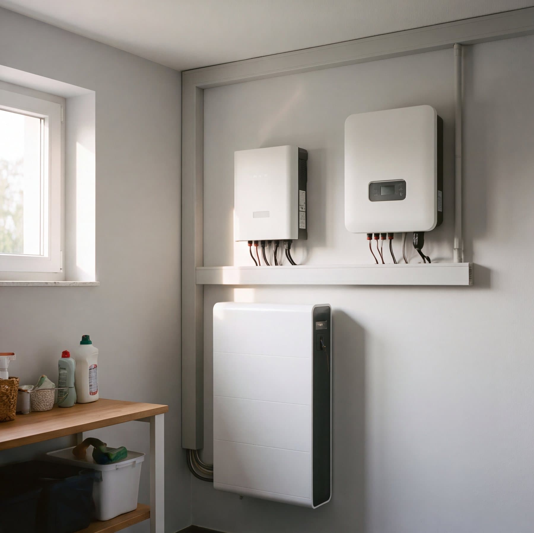 Stromspeicher an der Wand eines Hauswirtschaftsraums