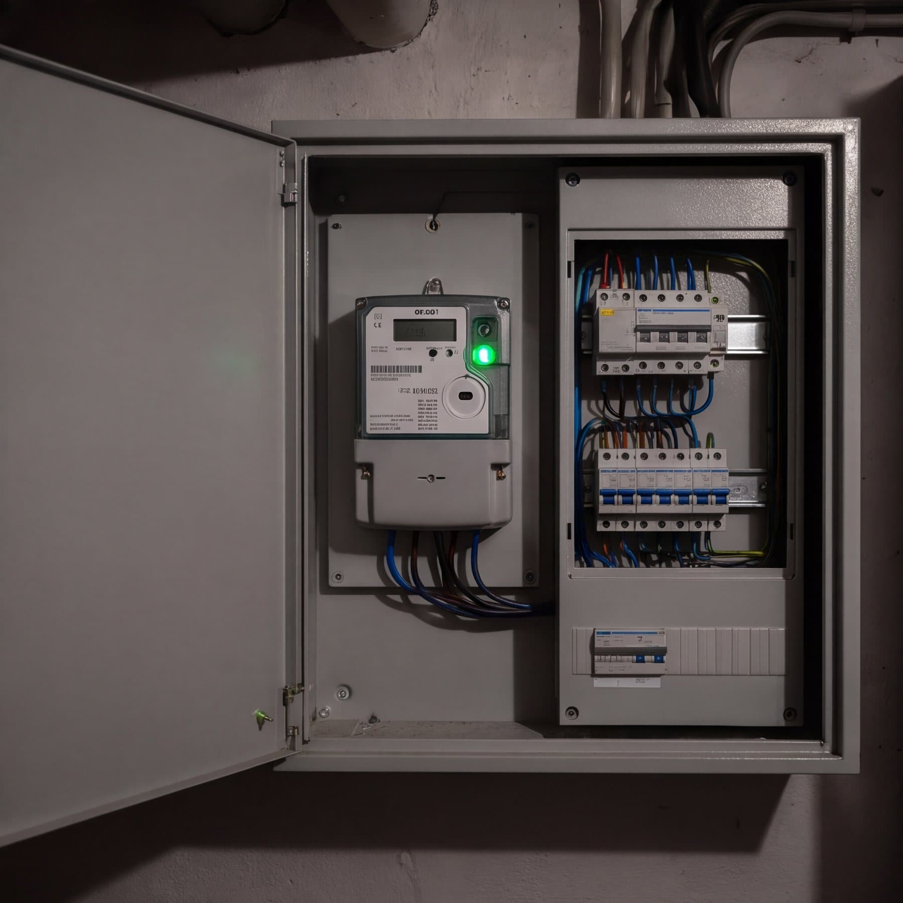 Geöffneter Zählerschrank im Keller mit digitalem Stromzähler und Sicherungen