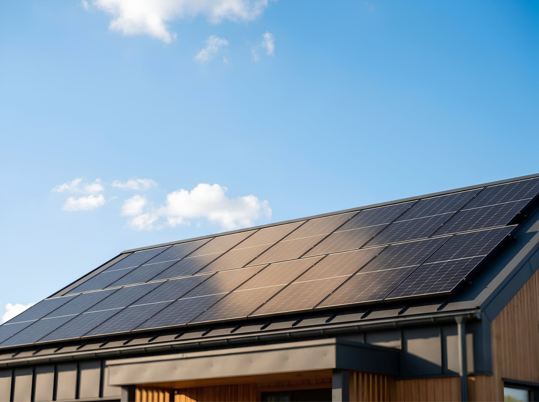Solarpaneele auf einem Hausdach an einem sonnigen Tag