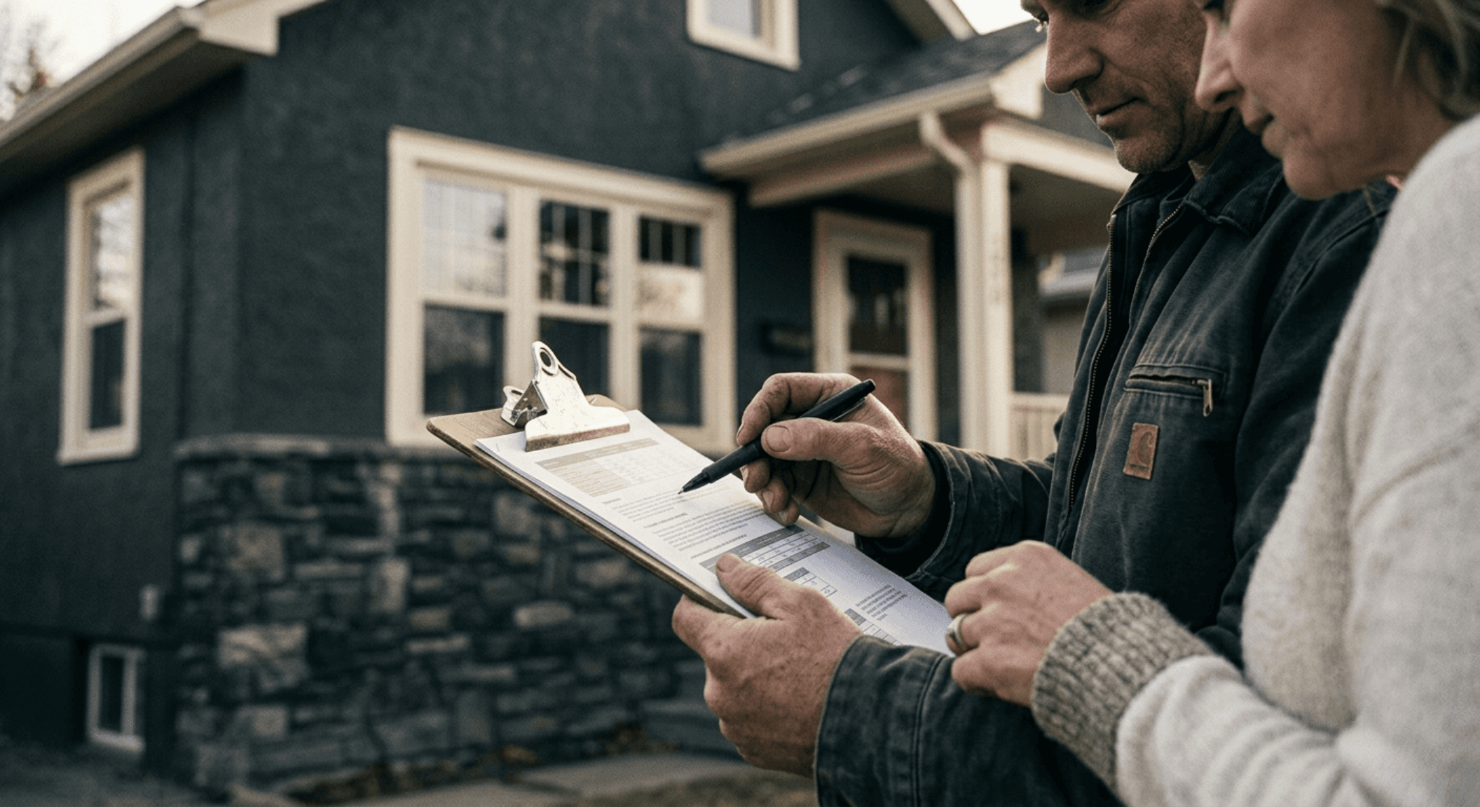 Handwerker und Hausbesitzer besprechen ein Angebot auf einem Klemmbrett vor dem Haus