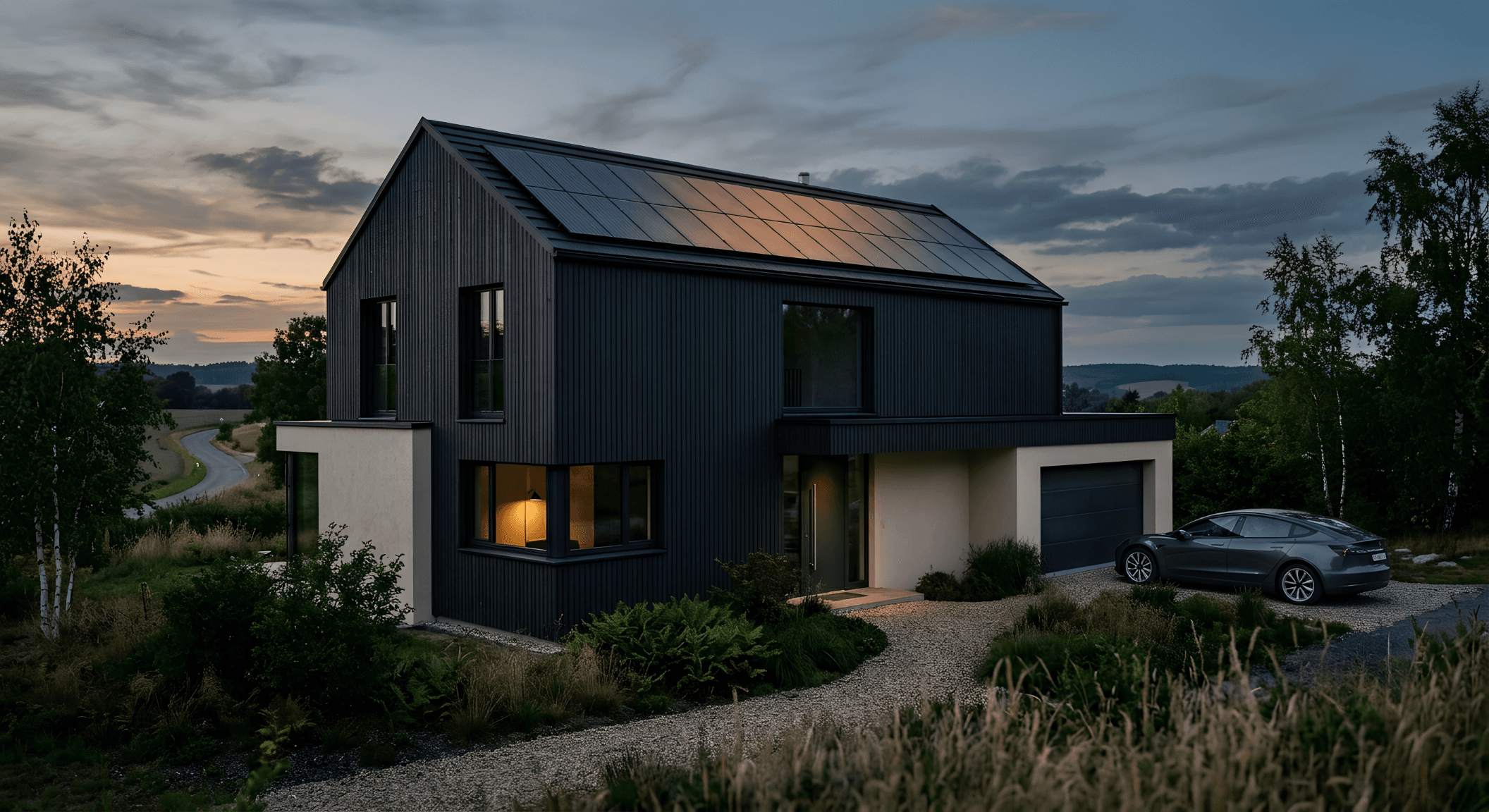 Modernes Einfamilienhaus mit Photovoltaikanlage auf dem Dach in der Abenddämmerung