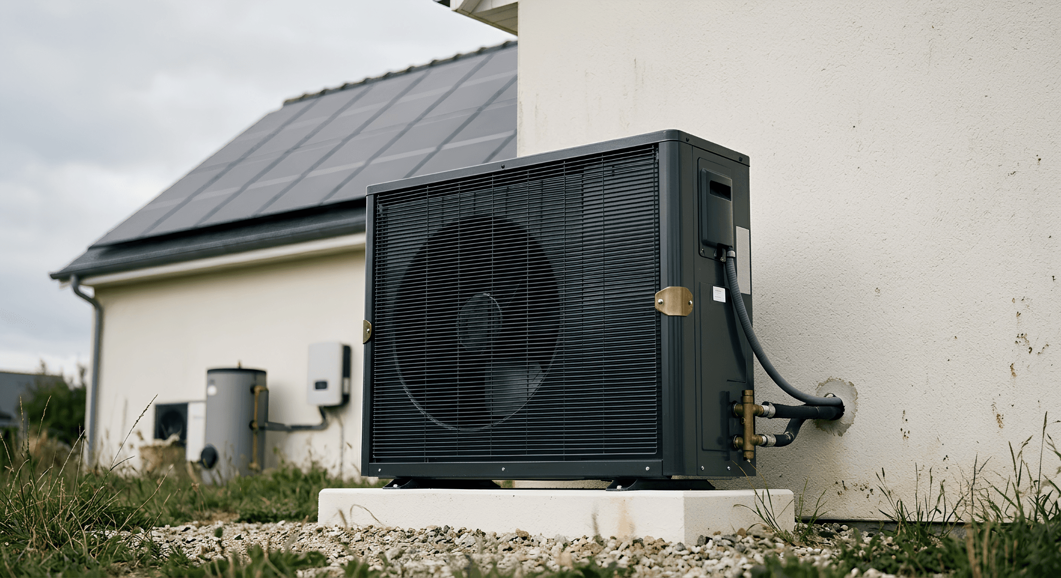 Wärmepumpen-Außengerät neben einem Haus mit Photovoltaikanlage auf dem Dach